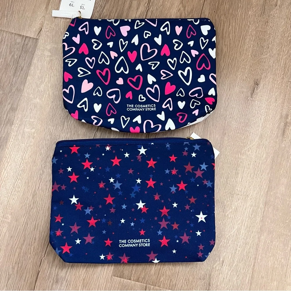 2 PCs Cosmetics Company Store Blue With Hearts & Stars Makeup Travel Pouch NWT